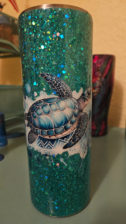 20oz Glitter Epoxy Tumbler-Teal Turtle