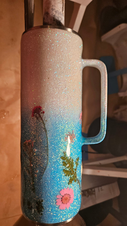 20oz  Hoggdle --Hombre blue/white glitter pressed flowers